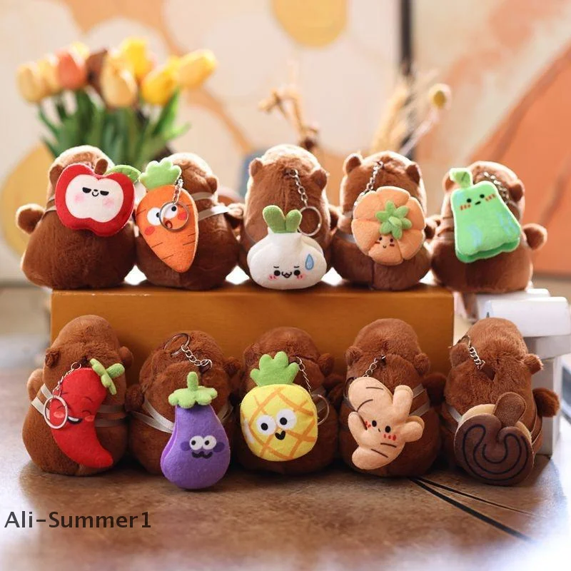 【E】لطيف الفواكه كابيبارا أفخم المفاتيح الكرتون محشوة دمية على شكل حيوان كيرينغ حقيبة قلادة على ظهره شنقا الديكور الهدايا