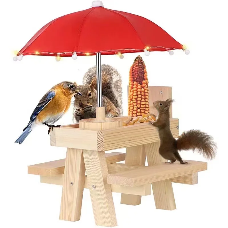 Wood Squirrel Feeder Table with Umbrella, Hanging Squirrel Feeders for Outside Winter Wild Bird Seed Bird Feeders Cute