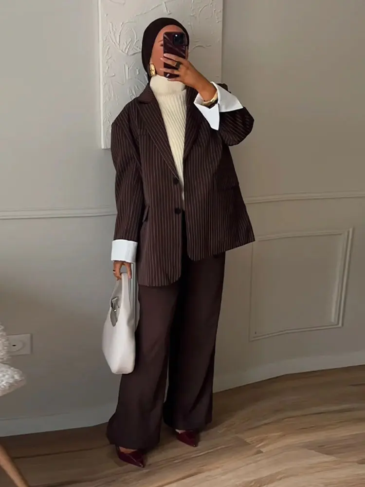 Elegant Women's Blazer Coat Long Sleeve Flap Pockets Shoulder Pad Single Breasted Jacket 2025 Autumn Office Lady Outwear