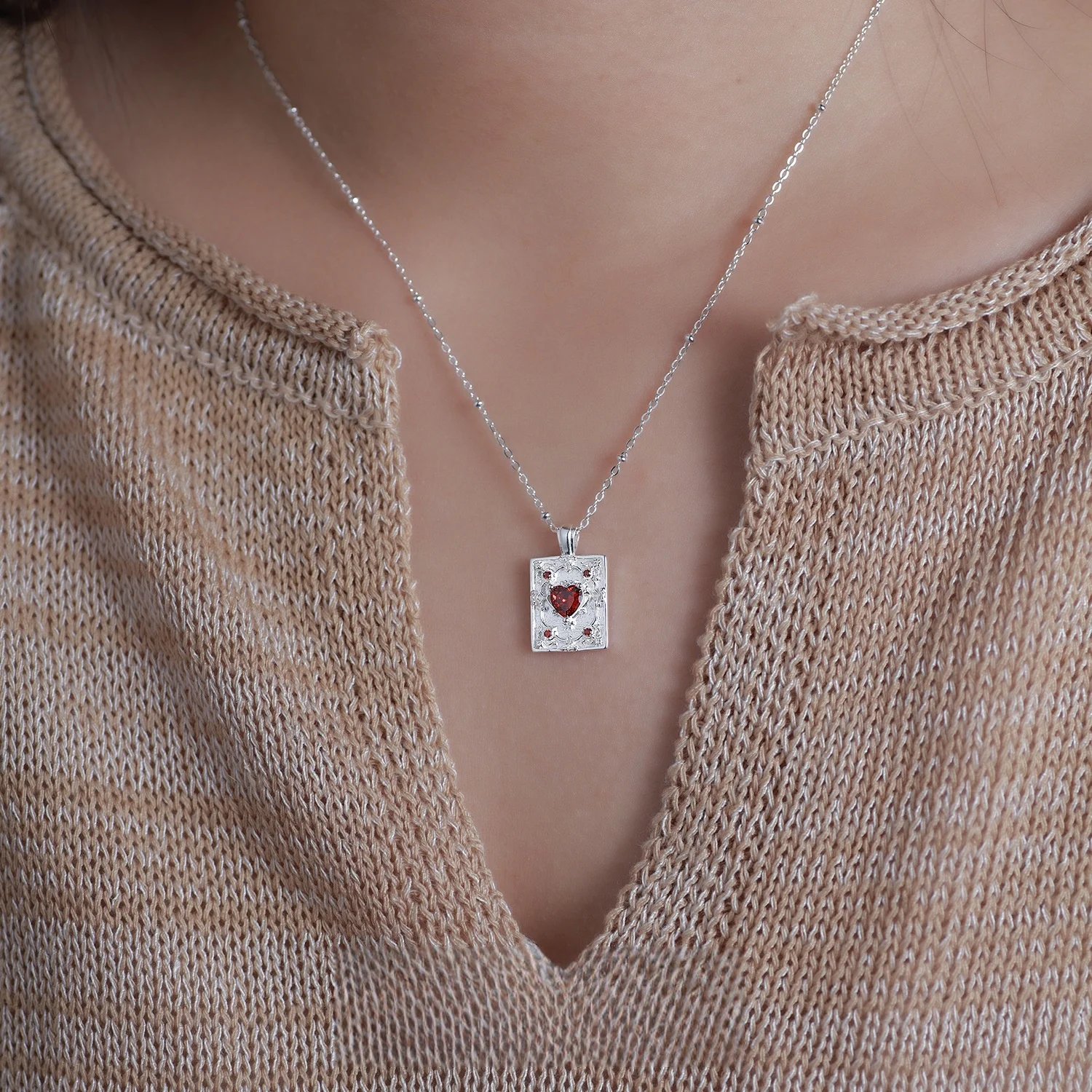 F.I.N.S French-Style S925 Sterling Silver Square Pendant Necklace Embossed Red Zirconia Heart Collarbone Chain Fine Jewelry view 3