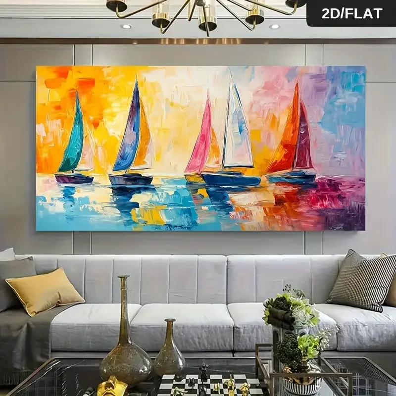 2D Flat, 1pc 27.56x55.12in Frameless Modern Abstract Canvas Art - Colorful Sailboats on Water, Vibrant Sunset Reflections, Large