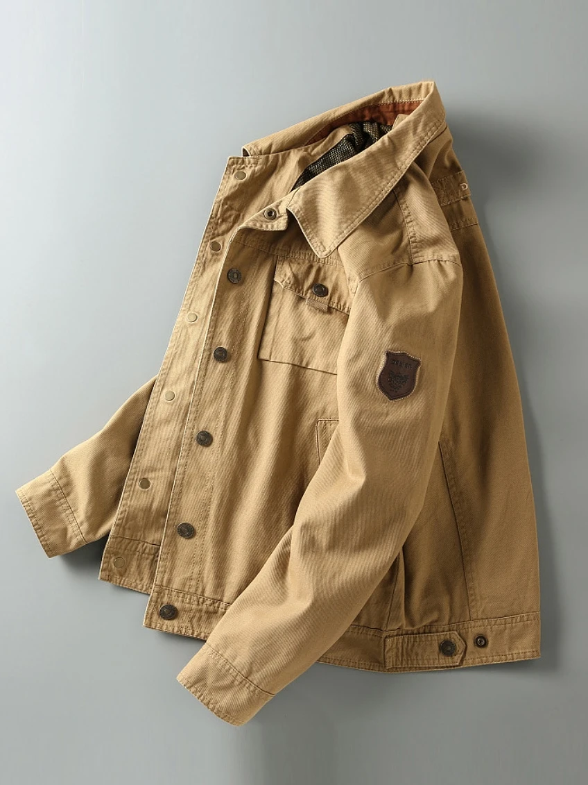 Chaqueta Casual de Hombre en Tela Khadi de Algodón Puro, para Otoño e Invierno, Talla Grande, Cuello Camisero, Múltiples Bolsillos, Estilo Workwear, a la Moda