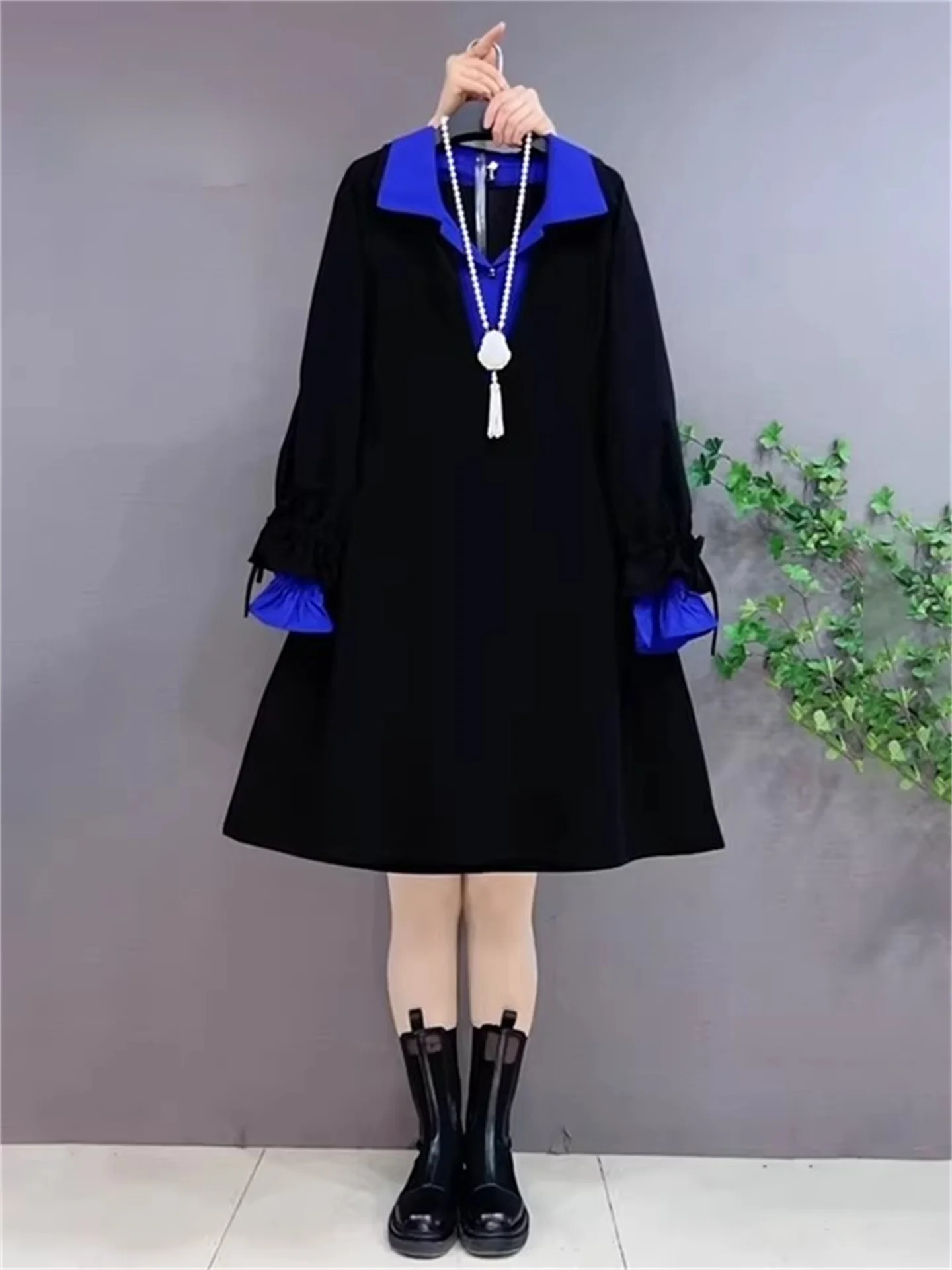 

Spring Fashion plus Size Women's Shirt Dress Belted Design Color Block Mid-Length Korean Style Commute Wind Polyester Fiber