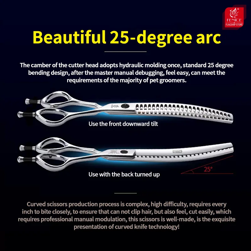 Fenice Professional 6.5/7.0/7.5 Inch Pet Grooming Curved Thinning Shears Chunker Scissors Curved Fishbone Shears 75% Thinning