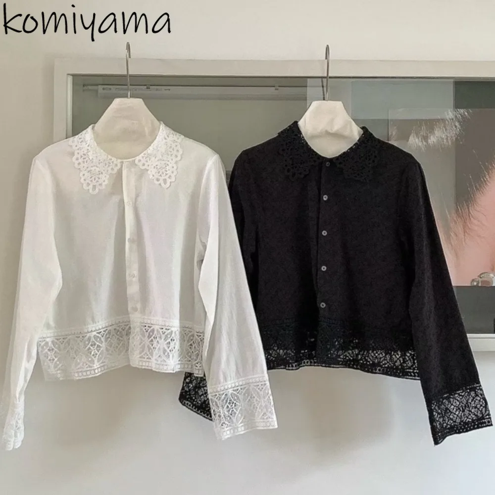 

Turn Down Collar Long Sleeve Ropa Hollow Lace Woman 2025 Shirts Blouses Single Breasted Blusas Mujer Elegant Clothing Camisas