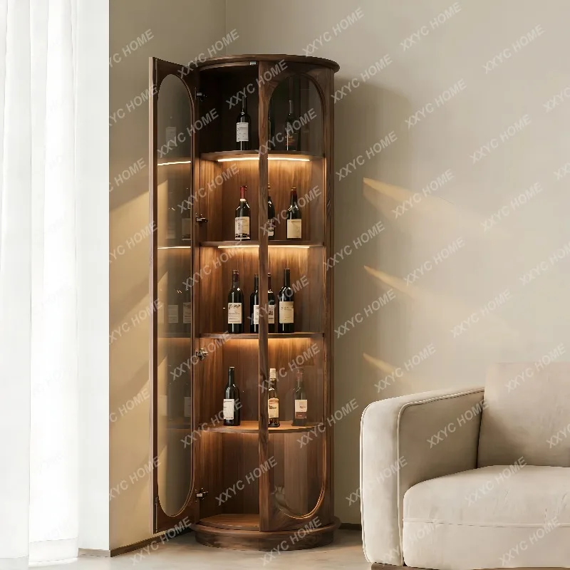 XX New Chinese  Black Walnut Round Wine Cabinet Double Door Glass Display Cabinet With LED Light