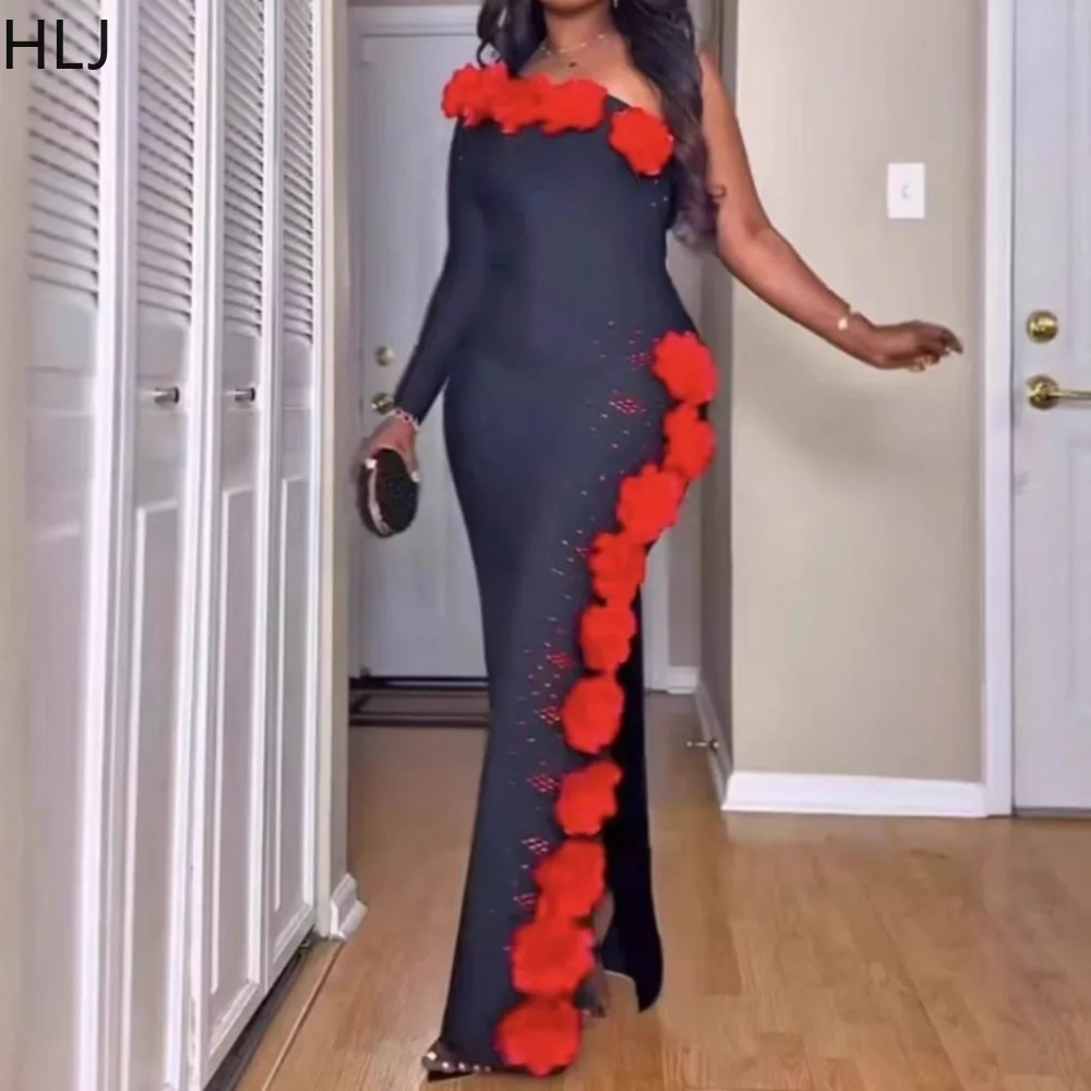 

HLJ Elegant Flower Rhinestone Patchwork Bodycon Dresses for Woman Off Showlder Long Sleeves Dress Female Party Birthday Vestidos