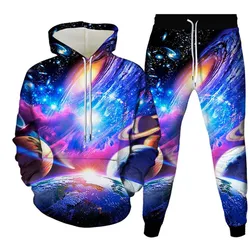 Hoodie Men Moon Star Universe Galaxy Planets 3D Print Men's Tracksuit Set Casual Hoodie Pants 2pcs Sets Pullover Men Clothing