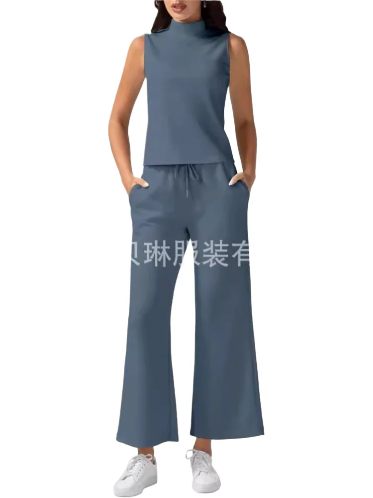 Modieuze Casual Mouwloze Tweedelige Set Voor Vrouwen Nieuwe Zomer 2025 Stijl Comfort Vest Tops Trekkoord Wijde Pijpen Broek 2 sets