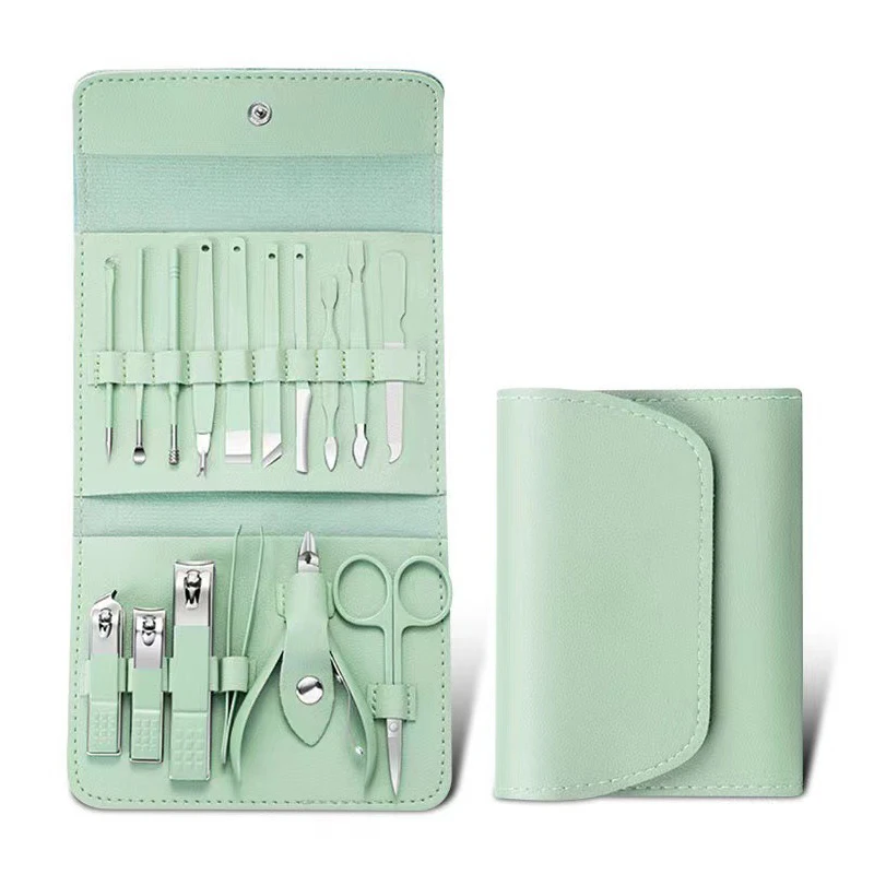 Conjuntos de Manicure e Pedicure Profissional, Cortadores de Unhas, Ferramentas com Saco Dobrável de Viagem Verde, Alta Qualidade, 16Pcs, Conjunto