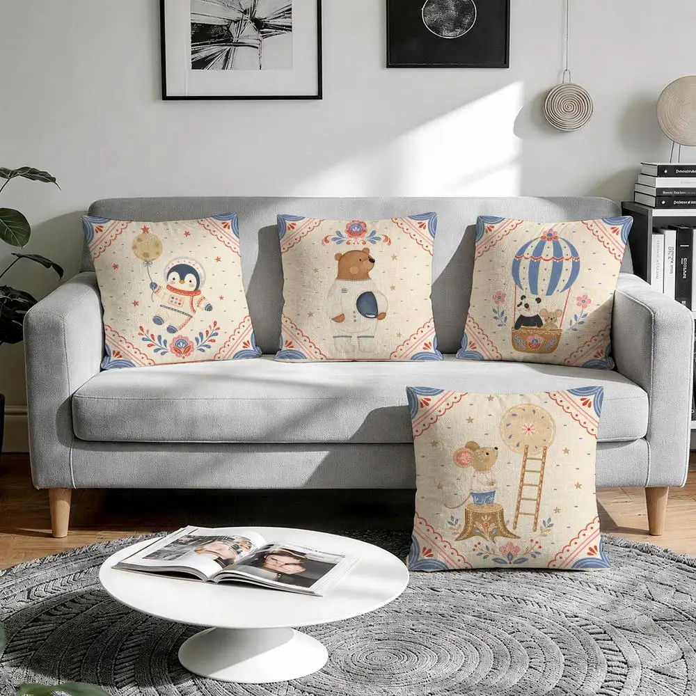 Boho Cartoon kids Bear Panda Balloon Plane Cushion Cover Natural Breathable Durable Linen Printed Decor Pillow Case Sofa Bedroom