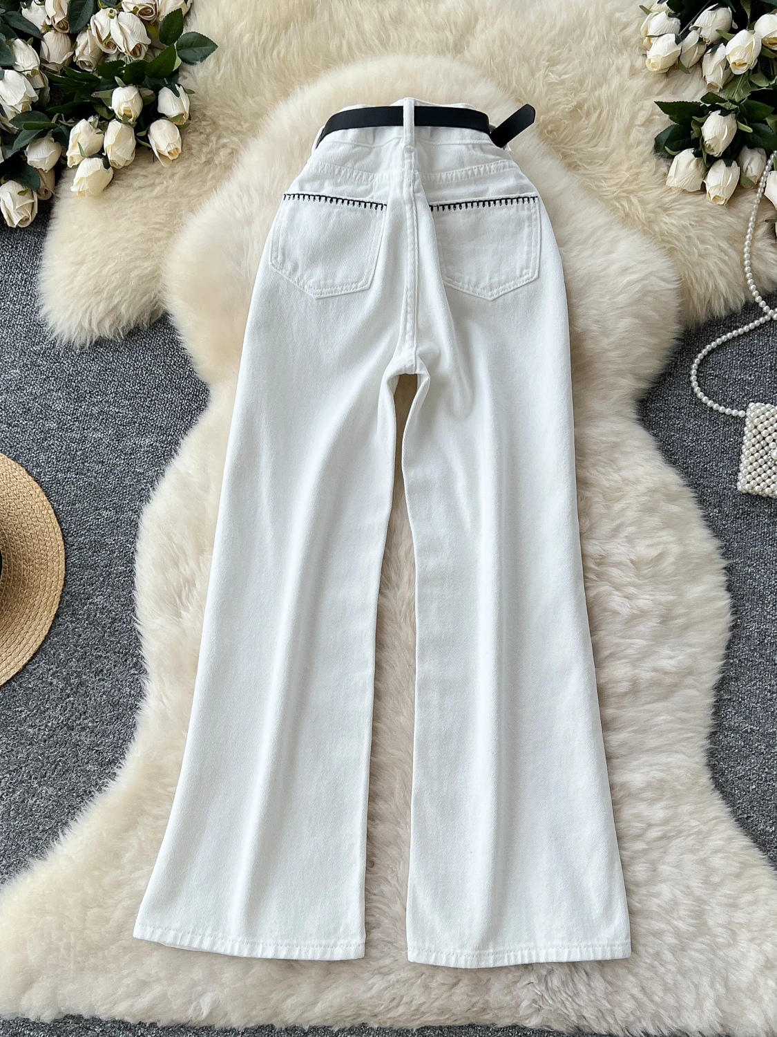 

Retro Spicy Sle Light Beige Denim Jeans Women Summer Embroidered Belt Slim Straight Design Long Pants High Waist Wide Leg