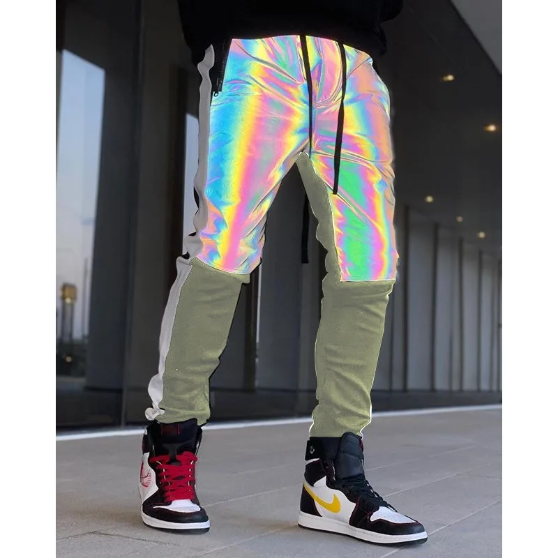 ‌ جديد عاكس بانت قزحي الألوان الملونة بنطلون توهج الظلام ركض الشارع الرقص ارتداء الهيب هوب السراويل الكفة السراويل الهذيان حزب الزي