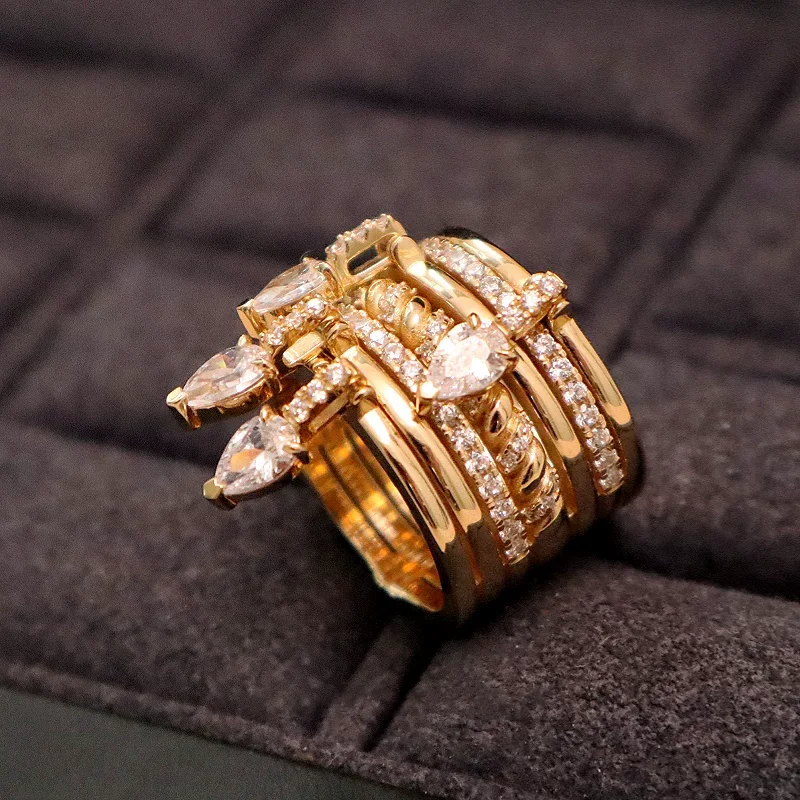 Bellux Gold Plated 925 Sterling Silver Multi Layer Wide Band Ring Pear Cut Cubic Zirconia   Arrow Water Drop Design Castle Ring
