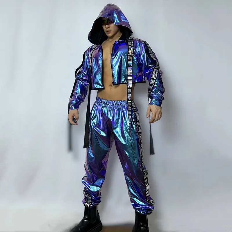 Purple Blue Laser Hoodies Coat Pants Men Hip Hop Jazz Dance Team Clothing Bar Dancer Costumes Stage Performance Rave Outfits