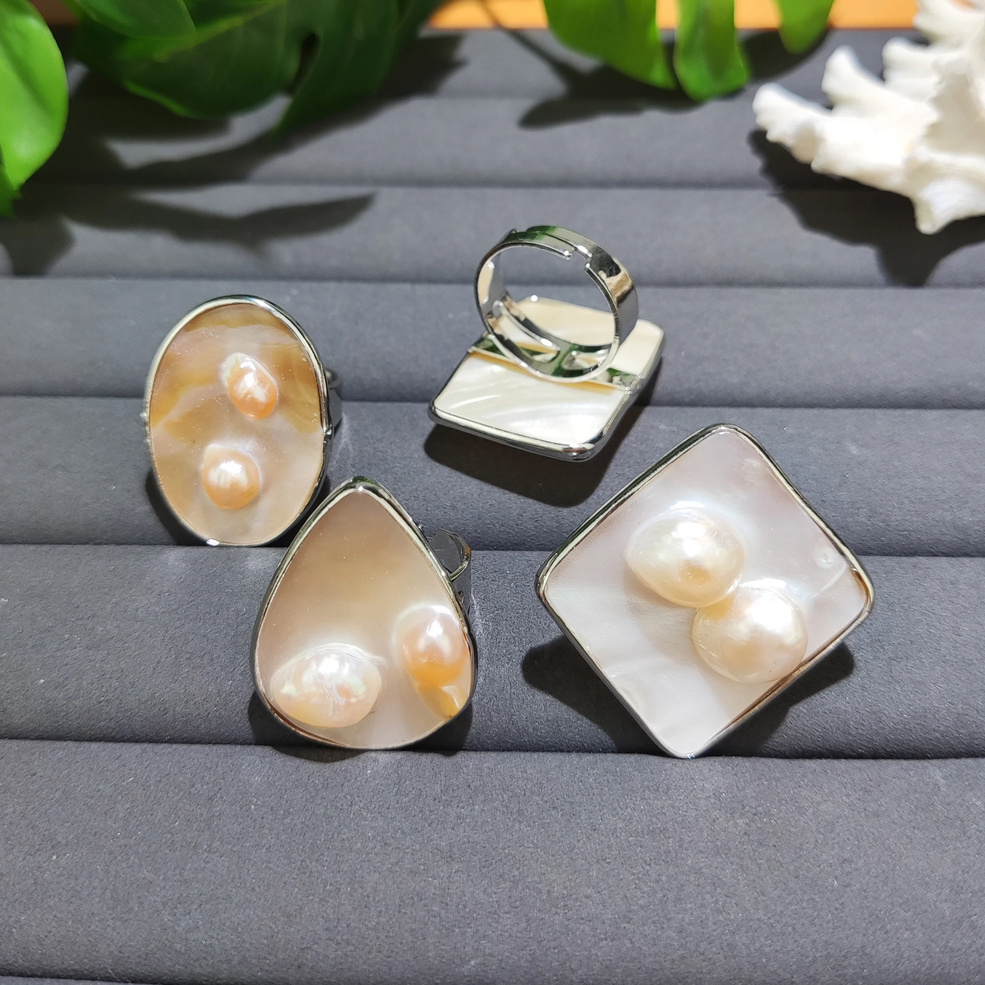 Natural Pearl Shell Ring, Round/Oval/Teardrop/Square/ Rectangle Shell Finger Adjustable Ring, Fashion Women Jewelry Wholesale