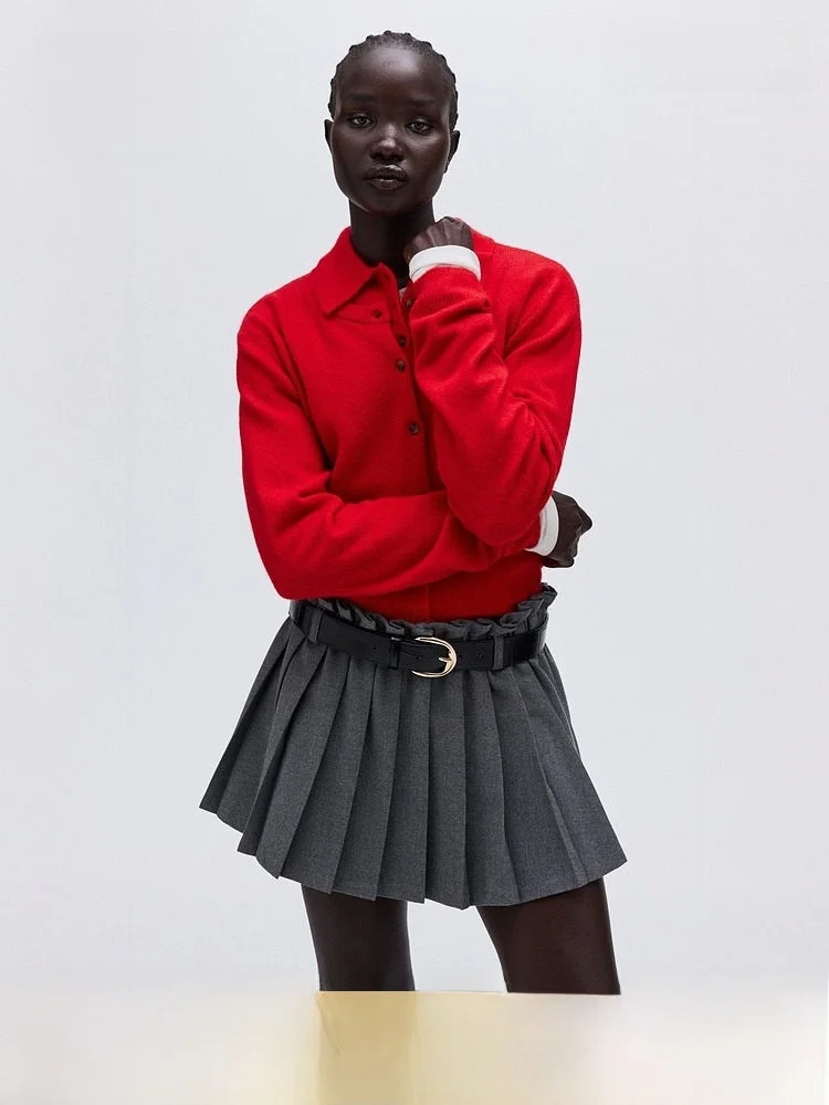 

Женский красный вязаный свитер HM, весна 2026, модный повседневный кардиган, высококачественный полиэстер, акрил, шерсть, спандекс