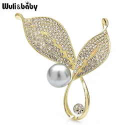 Wuli&baby Classical Leaves Brooches For Lady Women Rhinestone Pearl Plants Geometric Brooch Pins Gifts