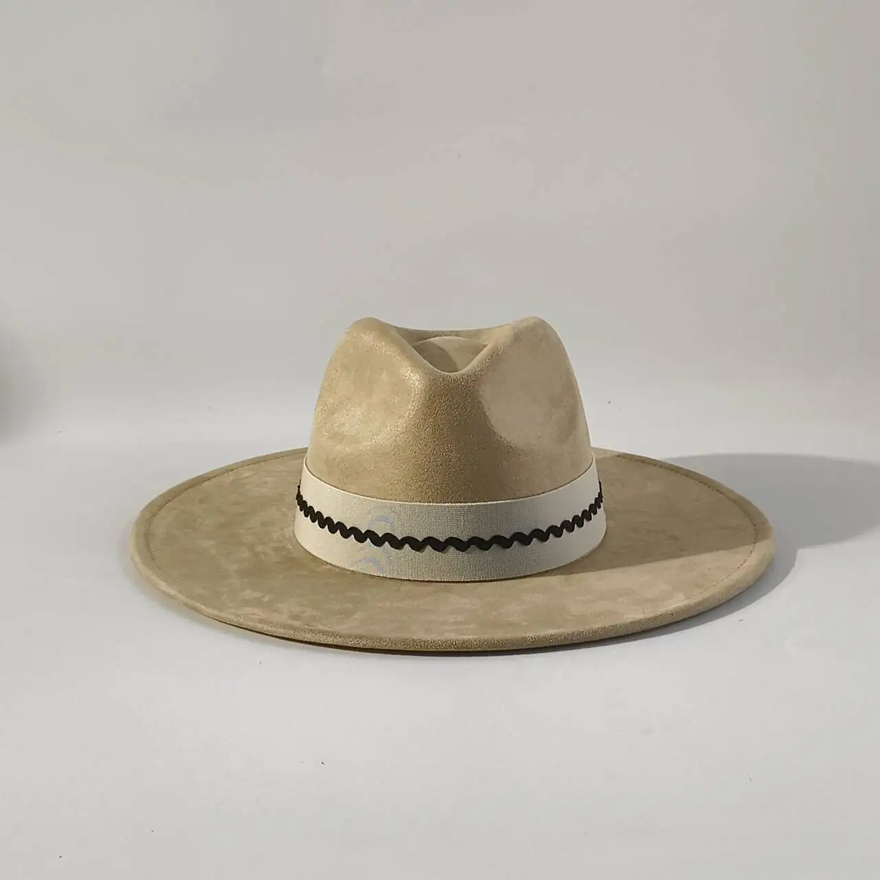 Elegant Beige Faux Suede Fedora Hat Women, Chic Black Wavy Stitch Ribbon Wide Brim Jazz Cap, Retro Western Cowgirl Hat Outdoor V