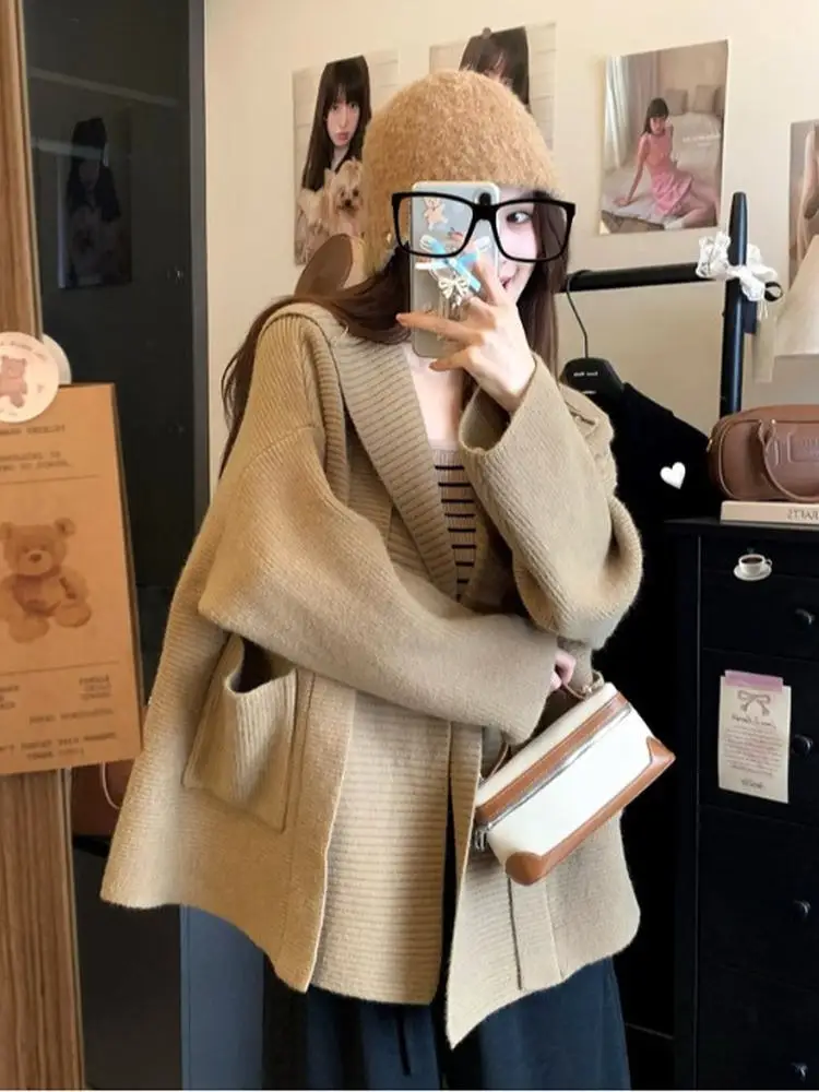 

plus Size Lazy Style Hoodie Cardigan Women's Autumn Winter Loose Slimming Casual Knitted Top Korean Version Pear Shape