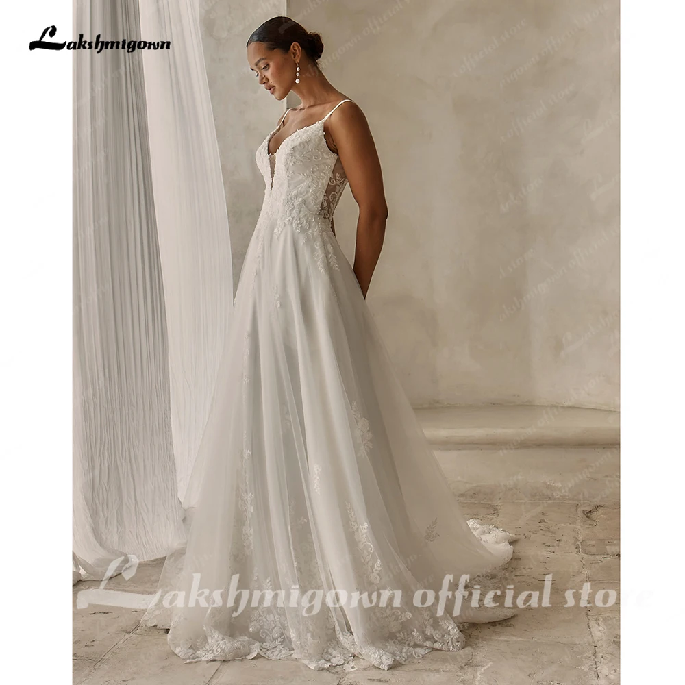 Lakshmigown Funkelnde Perlen-Spitzen-Strandhochzeitskleider, Zivile Tüll-Boho-Brautkleider, Maßanfertigung – Detail 6