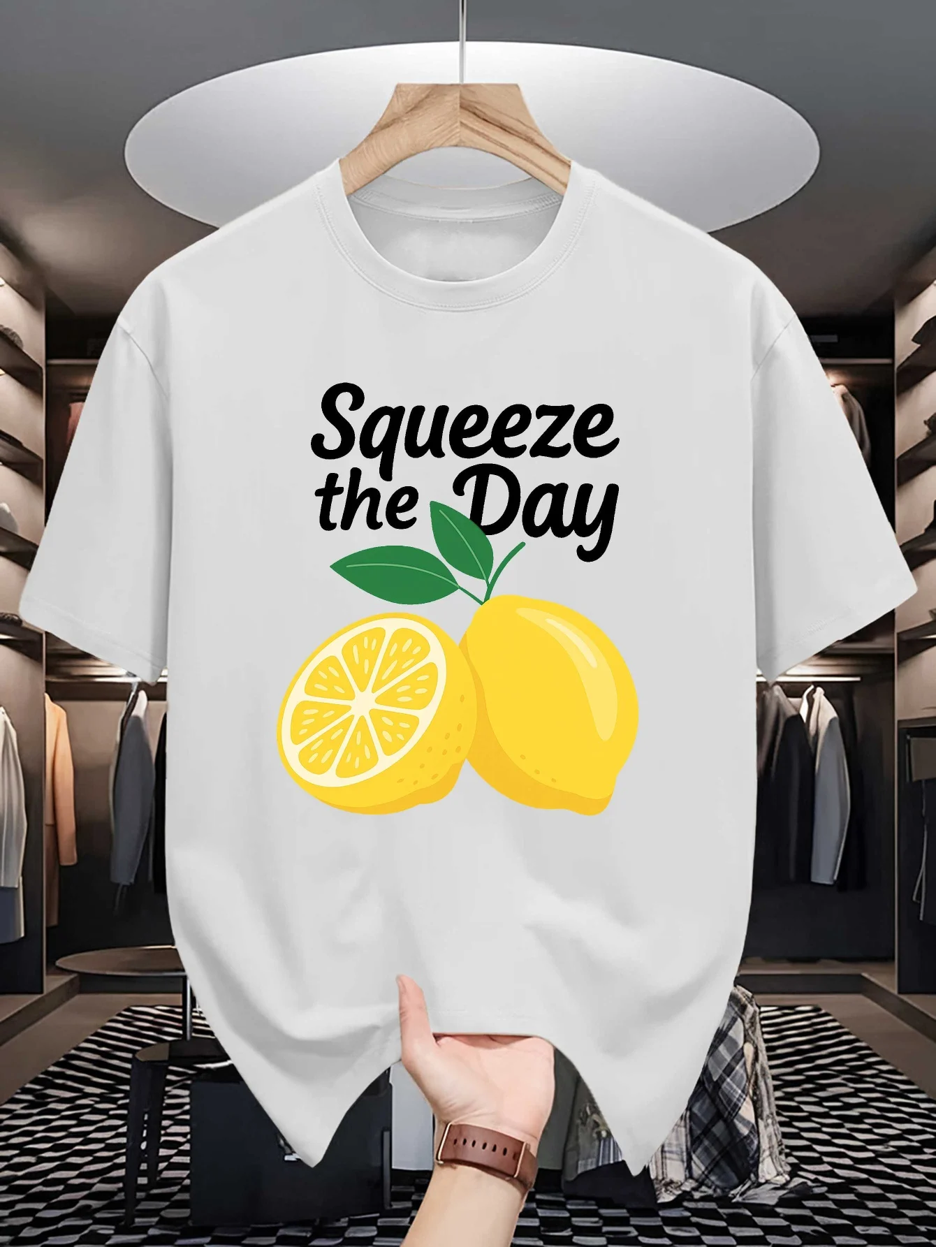 Mens Crew Neck T Shirt Squeeze The Day Lemon Fruit Graphic Slogan Print Casual Summer Short Sleeve Streetwear Loose Tops