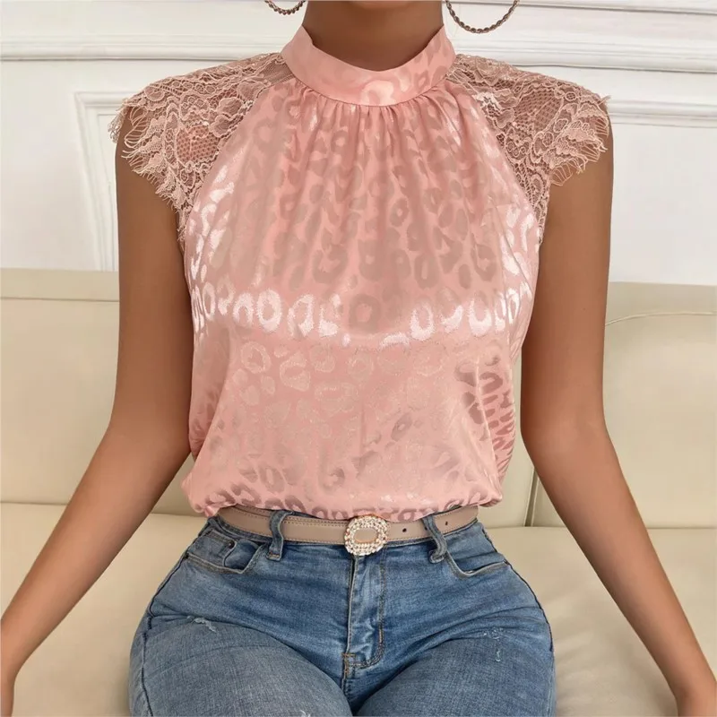 2026 気質シャツブラウス女性のための Blusas トップス婦人服カジュアルスリムレースパッチワークヒョウ柄ハーフハイカラー