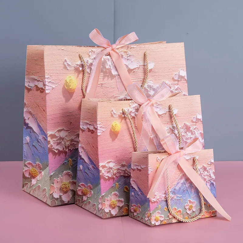 Sac d'emballage de cadeau de fleurs, sac en papier de peinture à l'huile de nuage, sac de faveur de fête d'anniversaire et de mariage, sac à main pour vêtements