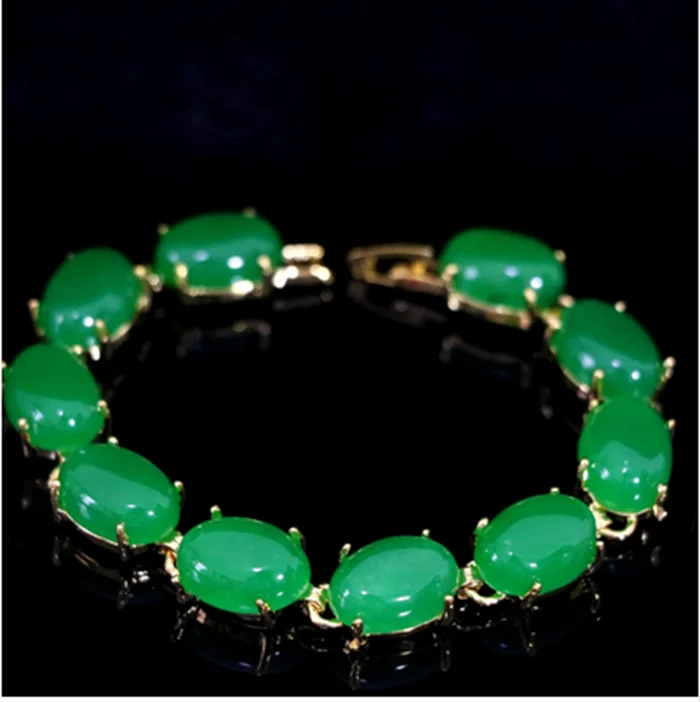 

oval green chalcedony jades stone gold-color chain bracelet 7.5inch