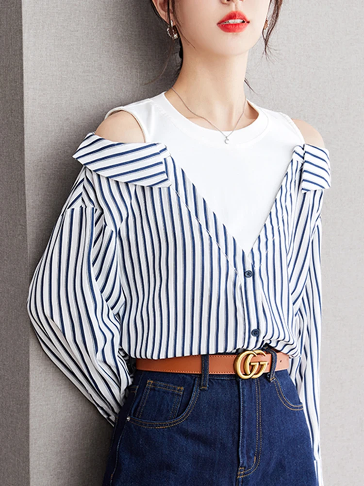 Autumn New Fake Two Pieces Vertical Stripes Shirt Women Off Shoulder Loose Commute Comfortable Casual T-shirt Long Sleeve Tops