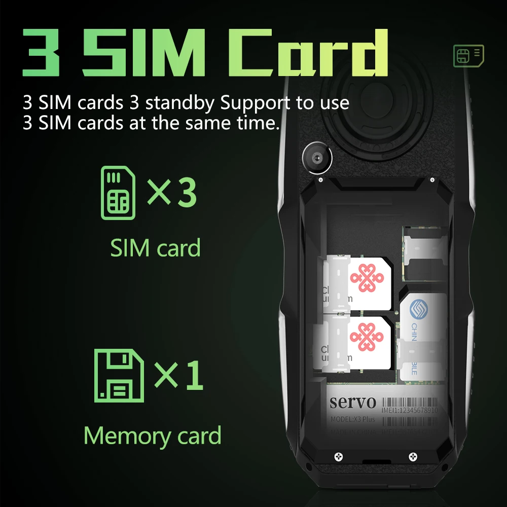 SERVO F4 Rugged Phone 3 SIM Card Cellphone Magic Voice Auto Record Call Flashlight Radio Big Button 2.4“ Mobile Phone Power Bank