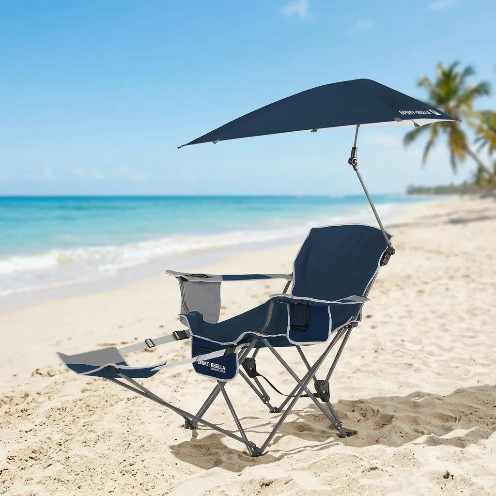 fm-Wholesale Prices Folding Beach Chair With Adjustable Umbrella For Beach Outdoor Folding Chair With Footrest