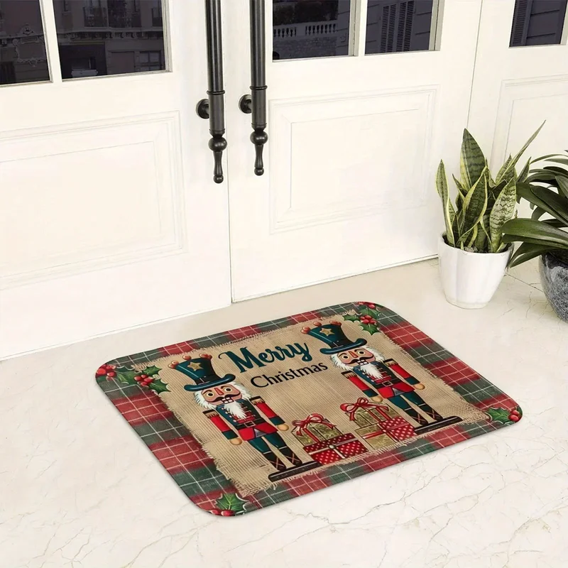 VIKAMA Nutcracker Christmas Door Mat Buffalo Plaid Non Slip Welcome Floor Rug For Entryway Front Door Porch Xmas Decor