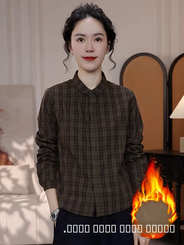 

Warm Fce Lined Long Sve Plaid irt Women's Vintage Sle Casual Faionable Top Quali Material Comfortable Fit