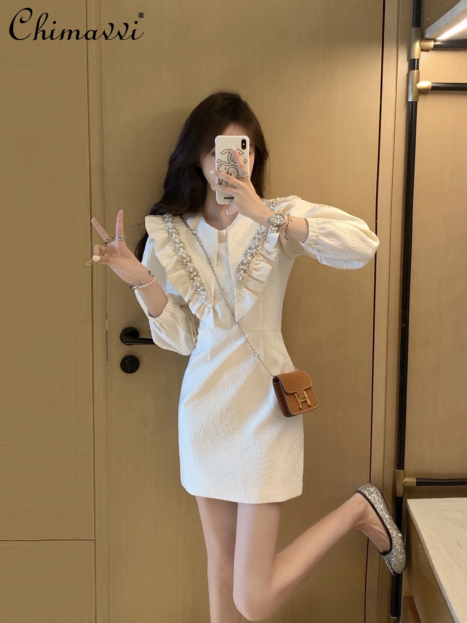 

French Style Elegant Commuter Beaded Big Lapel Long Sleeve High Waist Slim Fit A-line Creamy-white Short Dress for Women Summer