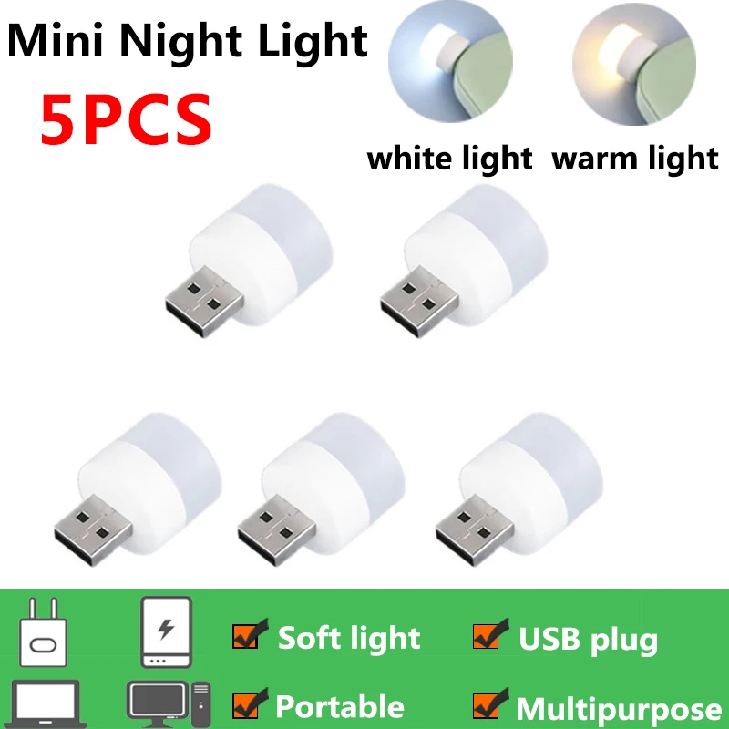 5pcs LED Night Light USB Mini Plug Lamp Computer Power Bank Charging Book Lights USB Small Round Reading Eye Protection Lamps