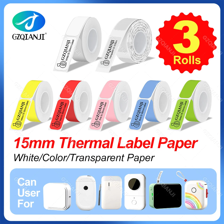 12-15mm White Color Transparent Label Paper Rolls Sticker Cable Tape Self-adhesive Papers for Thermal Printer Maker P15 M1 3Roll