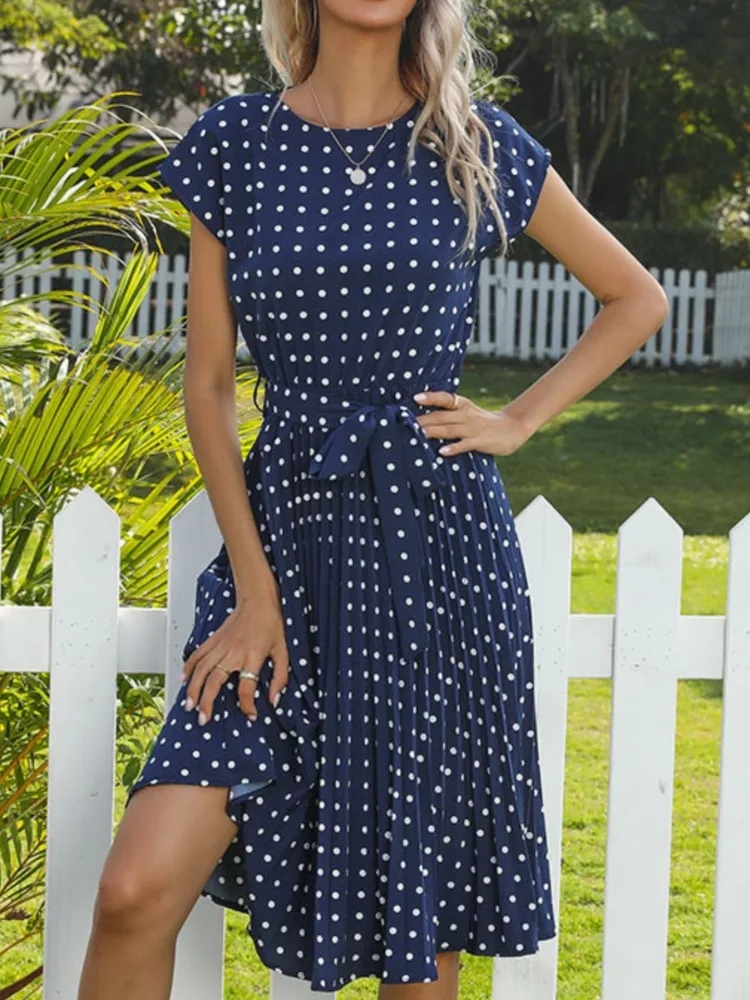 

Dresses 2025 Woman Retro Elegant Short Sleeve Polka Dot Dress Temperament All-match Simple Style Leace-up Trendy Slim Vacation