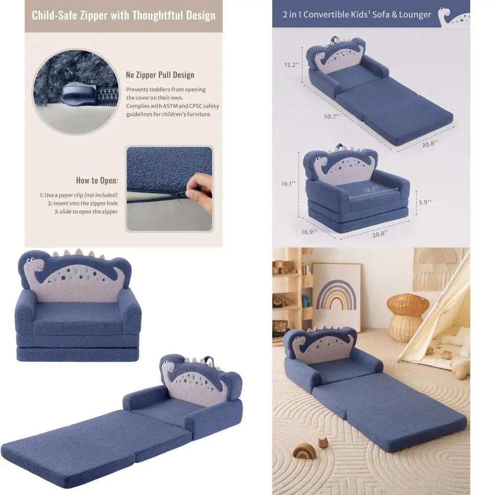 

Convertible Toddler Couch, Soft Fold-Out Sofa, Blue Dinosaur Design, Playroom Furniture, Perfect for Kids' Birthday or Children'