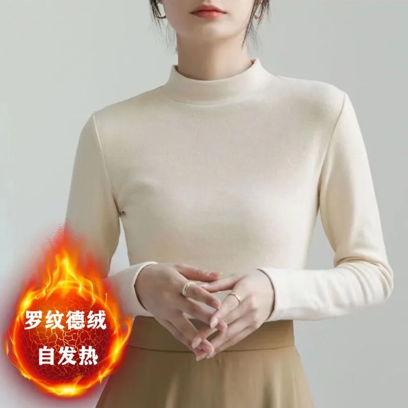 

Женская базовая рубашка с небольшим воротником-стойкой и длинным рукавом, полувысоким воротником, облегающая футболка, нижнее белье, осень-зима, белый TT827