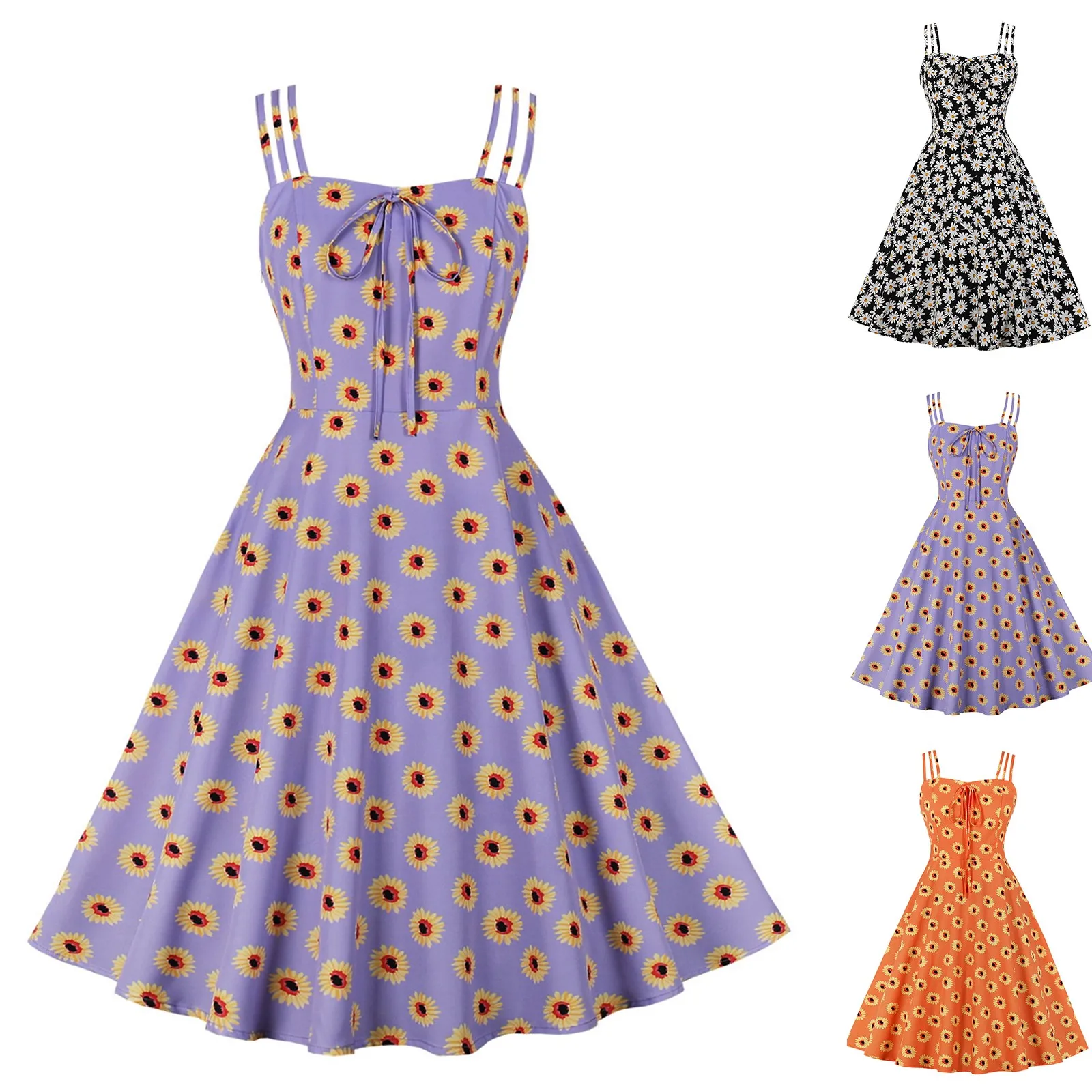 ชุดใหม่น่ารัก Daisy ผู้หญิงดอกไม้พิมพ์แฟชั่นฤดูใบไม้ผลิฤดูร้อนกลางแจ้งวันหยุดชายหาด Casual Vintage Dresses