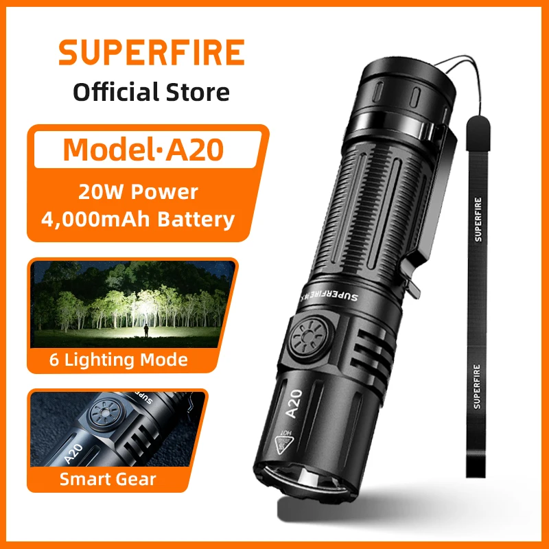 SUPERFIRE A20 Tactical Flashlight 2000LM Powerful LED USB C Rechargeable Torch 21700 with Memory Function, SST40 Outdoor Light