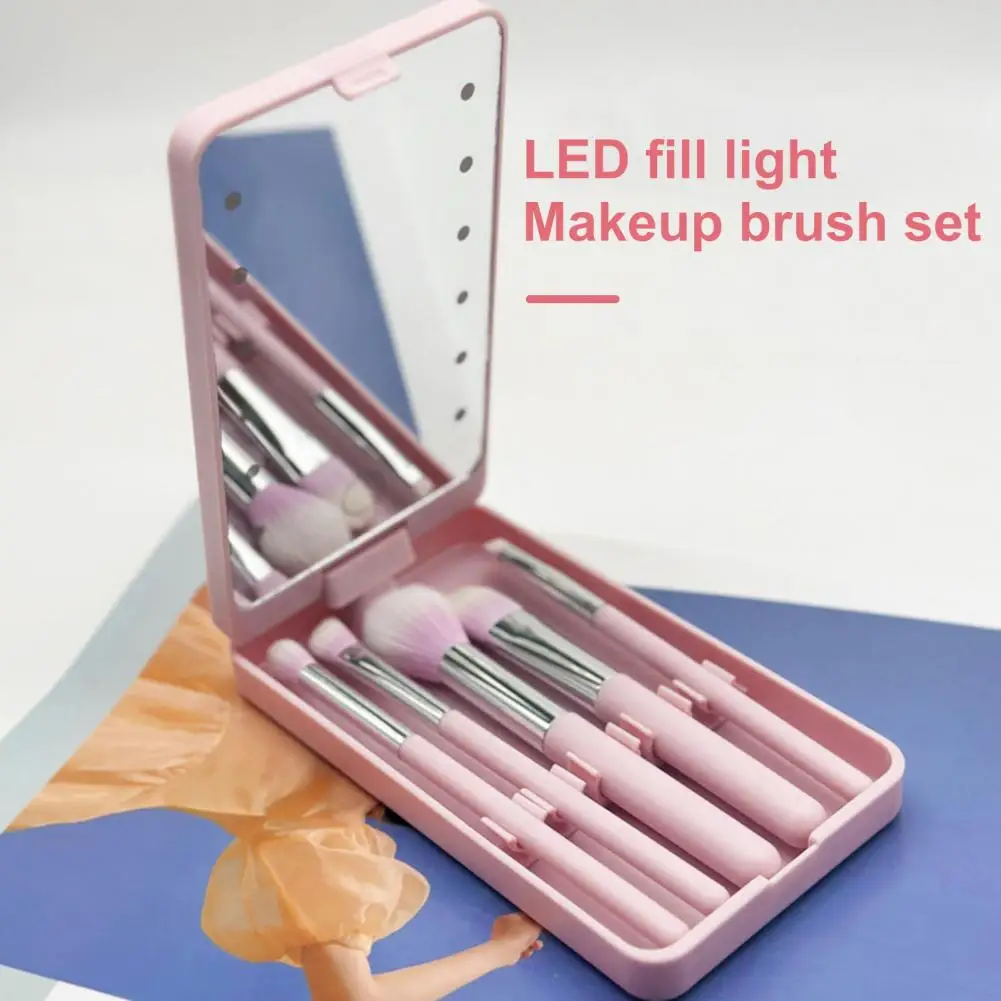 1 Set Makeup Brush LED Mirror Box Foundation Loose Powder Eye Nose Shadow Cosmetic Brush Portable Travel Women Makeup Tools