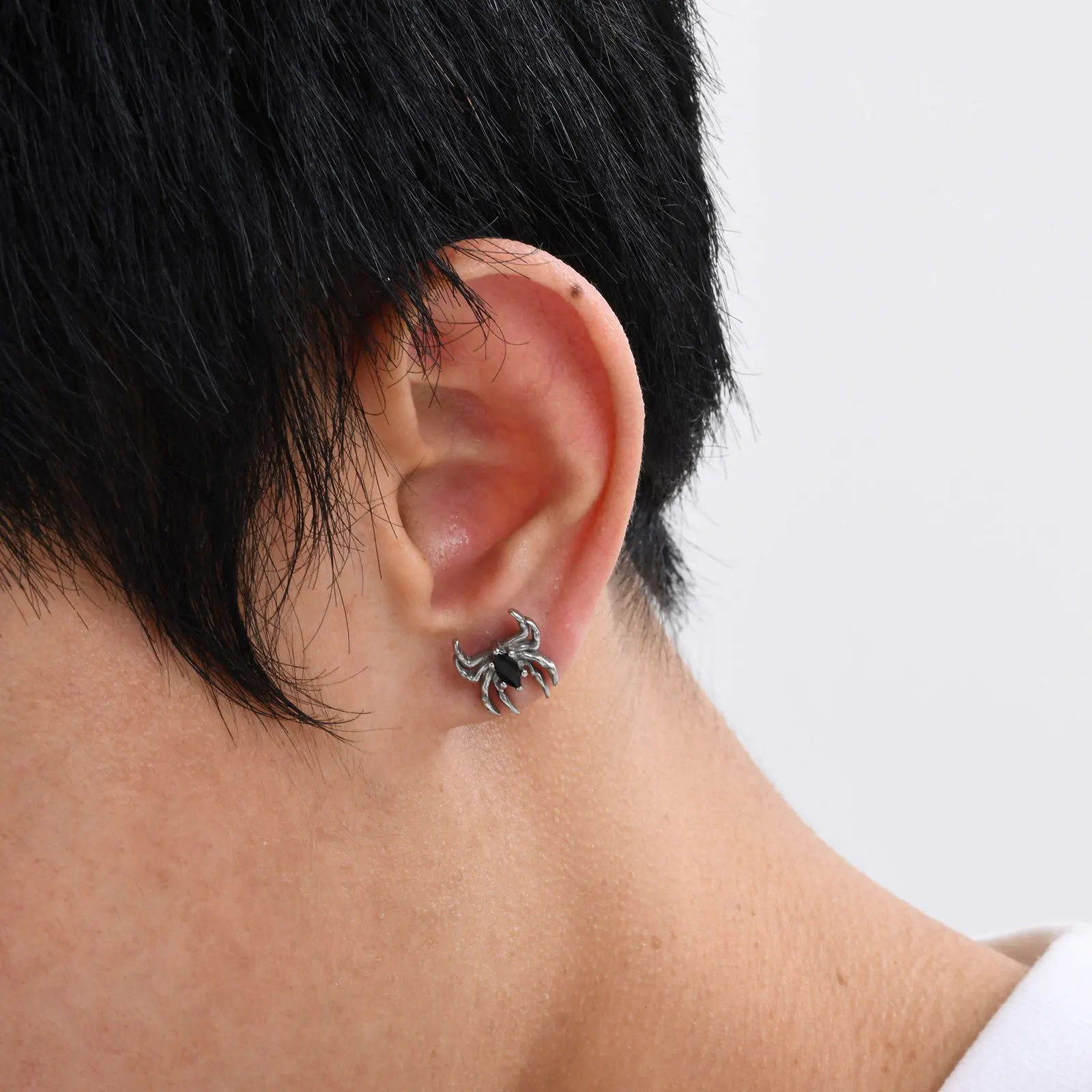 Mprainbow Punk Spider Earrings for Men Women,Stainless Steel Black Stone Stud Earrings,Cool Halloween Jewelry Gift