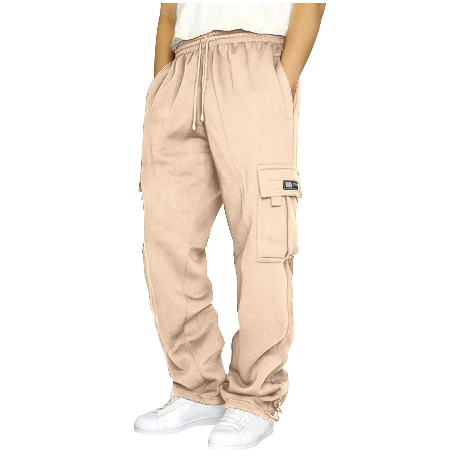 Pantalones de chándal de lana para hombre, peto informal holgado de pierna recta con múltiples bolsillos, pantalones gruesos de Color sólido, Otoño e Invierno