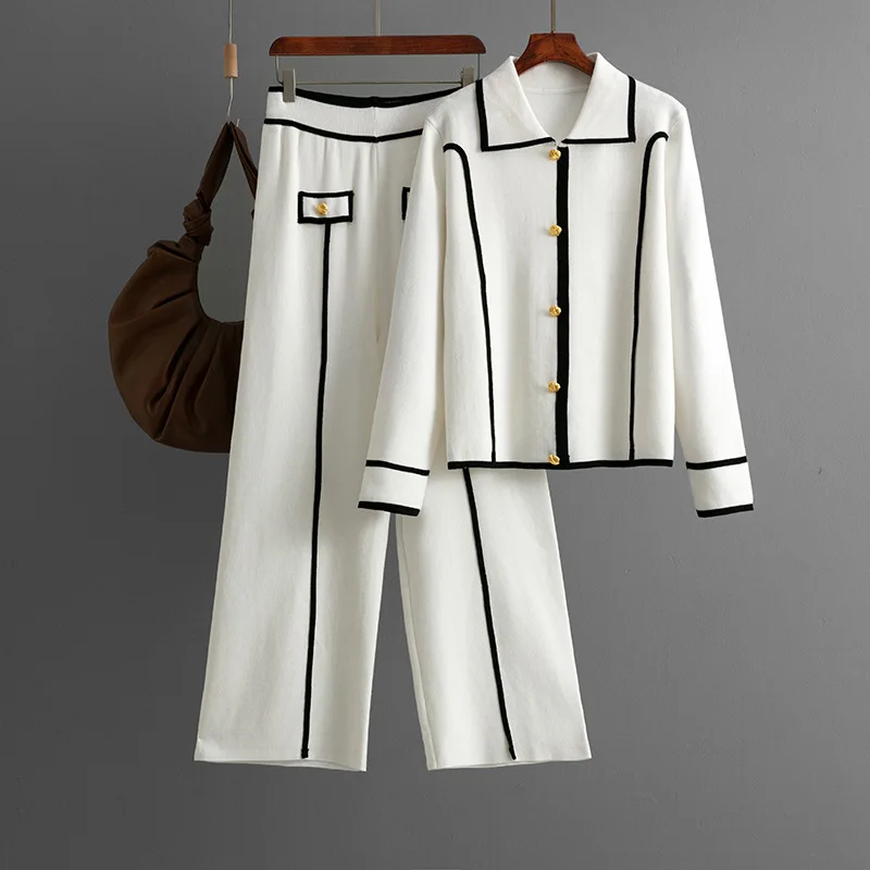 여성 스웨터 투피스 수트 풀오버 니트 와이드 레그 팬츠 무슬림 세트 니트웨어 싱글 브레스티드 2025 가을 겨울 의상