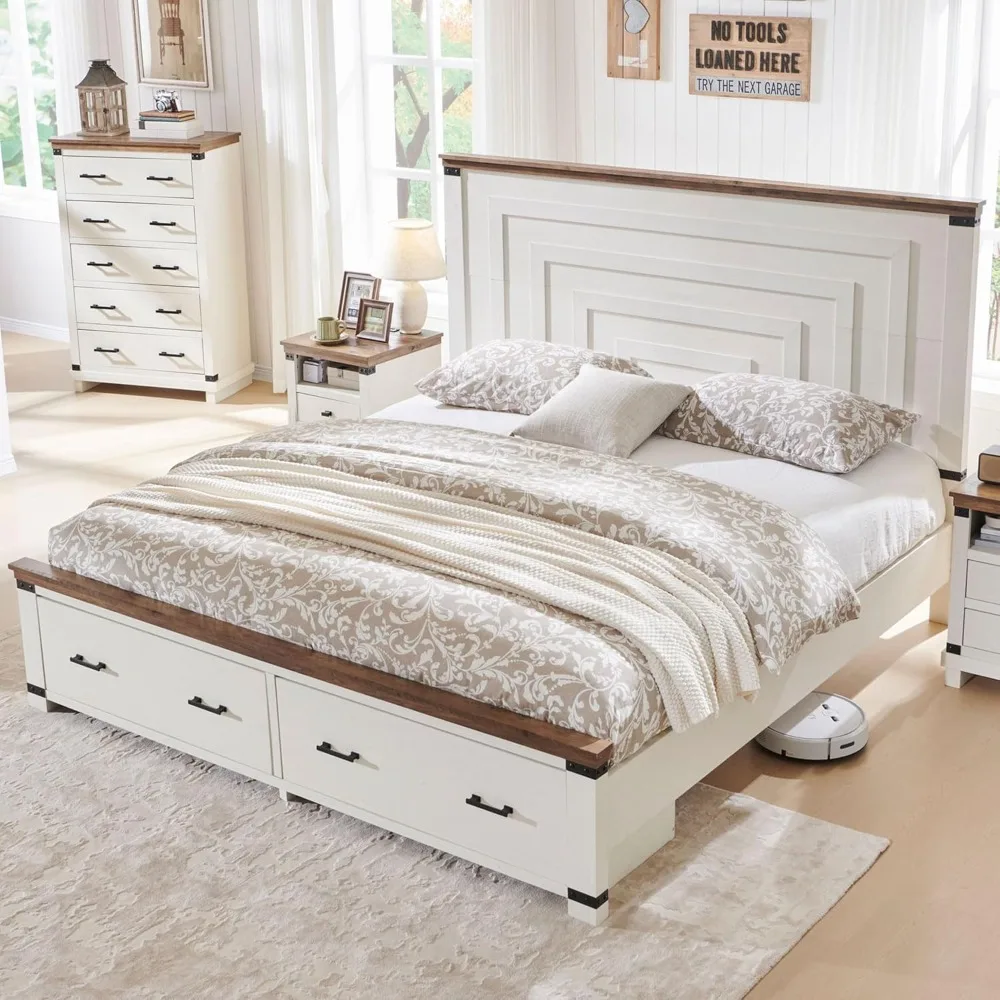 

Bed Frame with 54" Tall Geometric Headboard & 2 Large Storage Drawers, Rustic Wood Platform Bed with Wood Slats Support