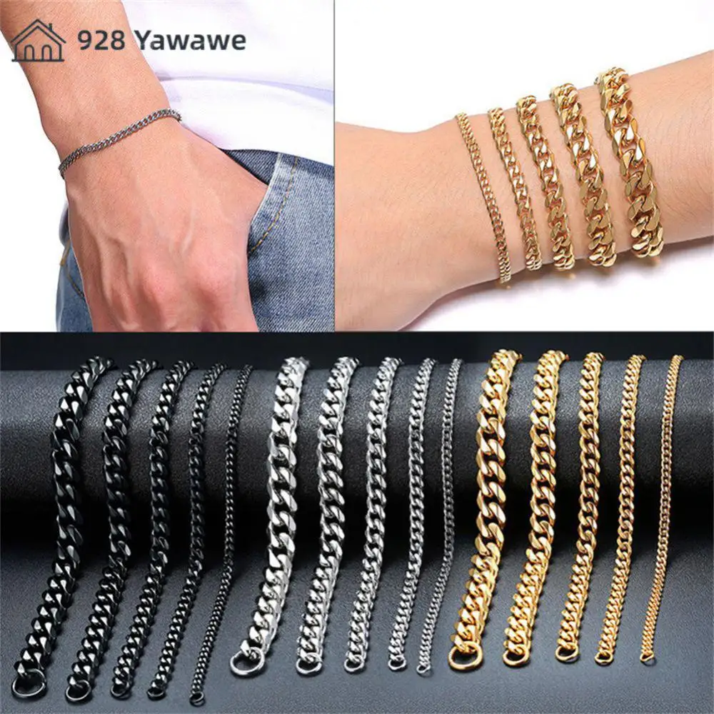 3/5/7/9/11mm Gold Plated Bracelet Stainless Steel Bracelet Six Sides Bracelet Men's Punk Bracelet Gold Cuban Chain