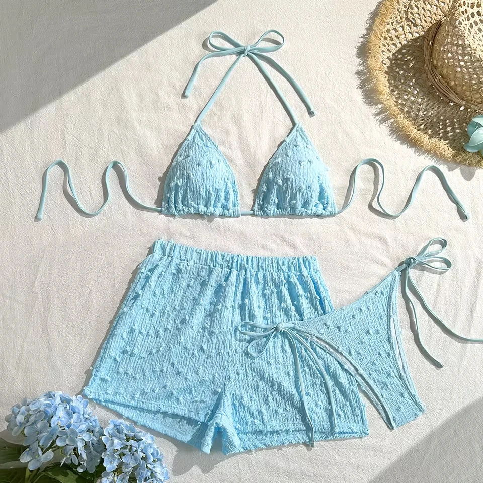3PCS 2026 Halter With Shorts Bikini Female Swimsuit Women Swimwear Blue Bikini set Padded Bather Bathing Suit Swim