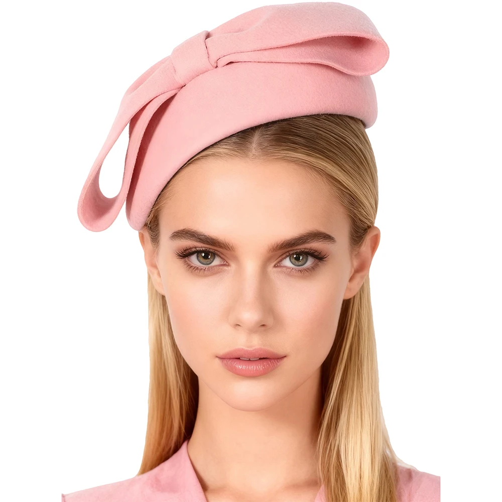 FS Pink Red Bowknot Fascinators Hat Wool Pillbox Hats For Women Spring Vintage Beret Cap Luxury Wedding Bride Cap Chapeau Femme